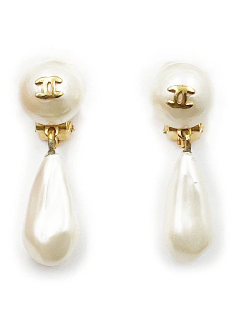 Chanel Vintage Gold Plated CC Pearl Tear Drop Dangle Clip on Earrings